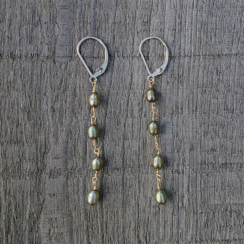 GF Olive Green Pearl 4 Drop Earrings
